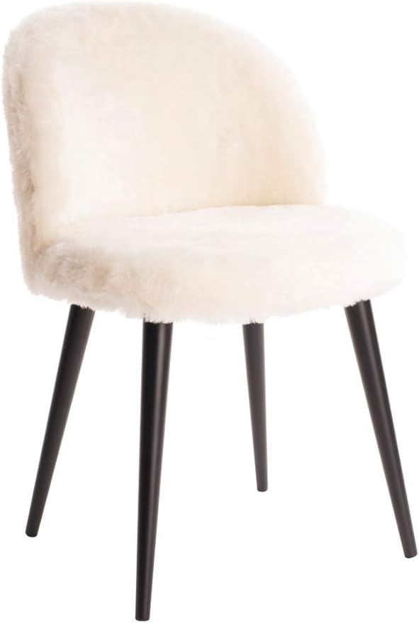Elle Decor Cami Vanity Chair, Upholstered Armless Single Seat Plush Accent for Living Room, Home Office Desk or Bedroom, Mid Century Modern Tapered Legs, Cream Faux Fur