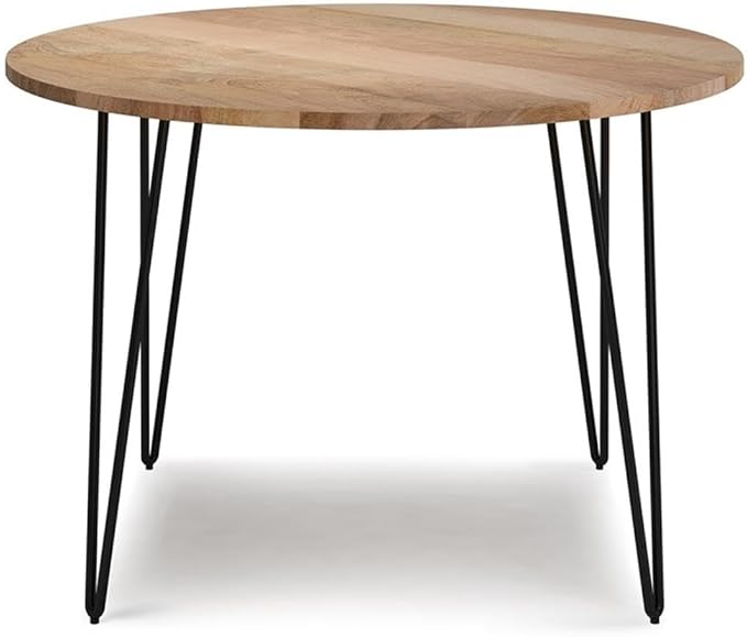 SIMPLIHOME Hunter Dining Table - 45 inch Wide Solid Mango Wood Round Table in Natural, Modern Industrial Style for Dining Room or Kitchen with Black Powder-Coated Iron Base and Hairpin Legs, Seats 4