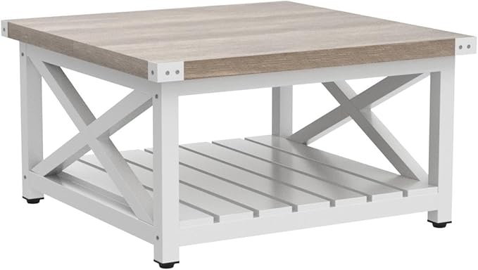 YITAHOME Farmhouse Coffee Table, Square Coffee Tables for Living Room, Vintage Living Room Table with Shelf, Coffee Table with Storage, Grey Wash
