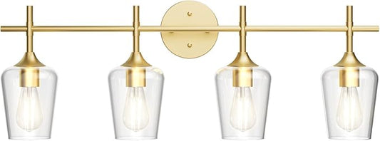 Ralbay 4-Lights Gold Vanity Light Fixture Vintage Gold Vanity Lights Wall Lighting Clear Glass Gold Bathroom Light Fixtures Over Mirror