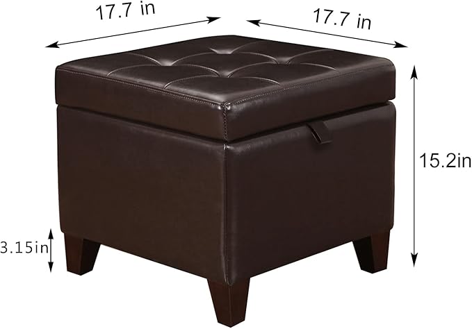 Adeco 18-inch Square Storage Ottoman, Modern Faux Leather Tufted Footrest Stool with Flip Top, Upholstered Accent Bench for Living Room & Bedroom, Chocolate Brown