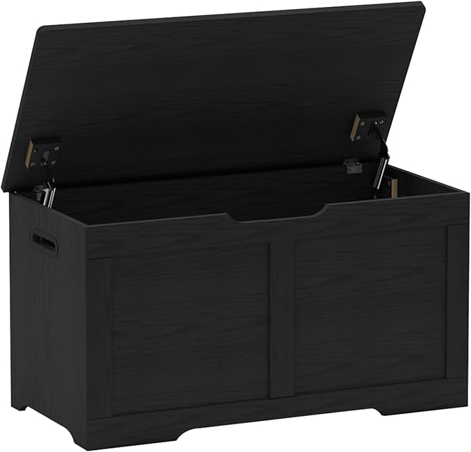 31.5" Storage Chest, Wooden Storage Bench, Lift Top Toy Chest with 2 Safety Hinges, Large Toy Box, Entryway Shoes Bench for Living Room, Bedroom, Black