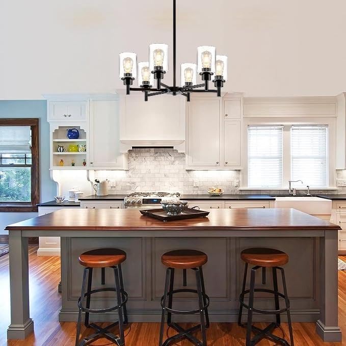 Modern Black Chandeliers for Dining Room, 6-Light Chandelier Light Fixture with Clear Glass Shades, Metal Hanging Pendant Lighting for Living Room, Kitchen, Staircase, Entryway