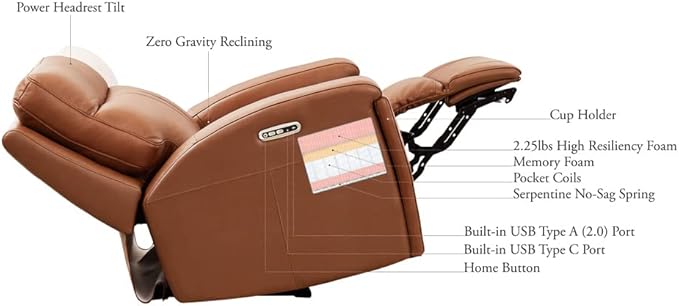 Hydeline Venice Zero Gravity Power Recline and Headrest Top Grain Leather Sofa and Recliner Set with Hidden Cup Holder, 86",Nutmeg Brown, Memory Foam, Pocket Coils and Control Panel