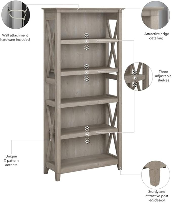Bush Home Key West 5 Shelf Bookcase - Set of 2 | Tall Bookshelves in Washed Gray | Sturdy Display Shelves for Library, Living Room, and Home Office