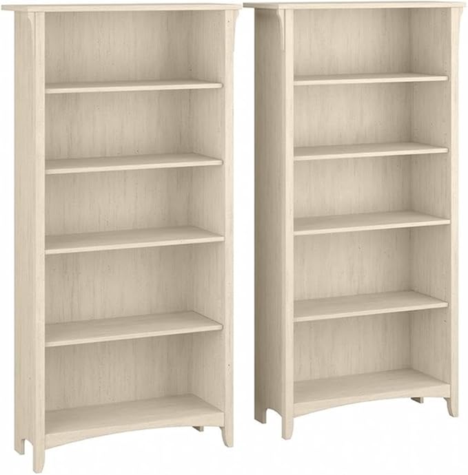 Bush Home Salinas Tall 5 Shelf Bookcase - Set of 2 in Antique White, Vertical Office Storage, Bookshelves for Home Workspace, Multi-Purpose Shelving Units