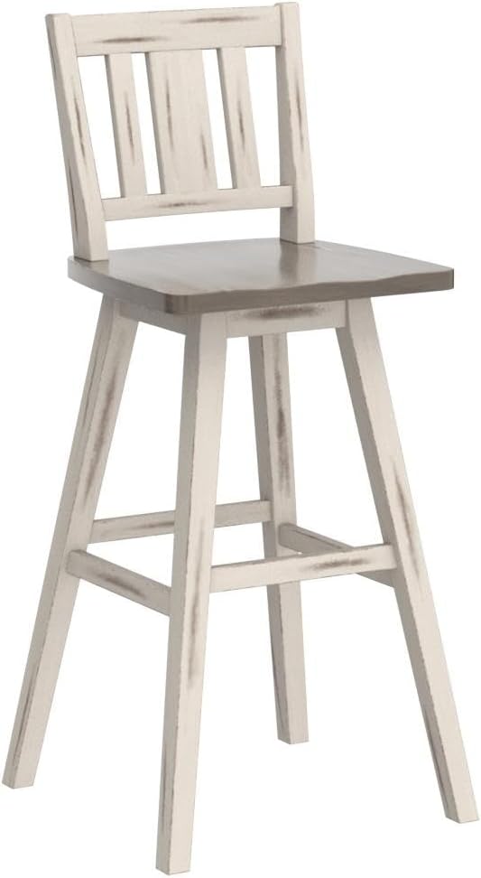 Lexicon Bar Height Bar Stools Set of 2-Solid Wood Frame 360° Swivel Wooden Stools, Foot Rest, Slat Back, Wide Seat, Distressed Farmhouse Easy to Clean Finish, 28.5" SH, Antique White/Grey