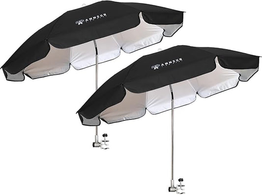 AMMSUN Chair Umbrella with Universal Clamp Adjustable 47 inches and 360° Swivel & UPF 50+ Protection Portable Sun Umbrella, Secure Clip on Camping/Beach Chairs, Stroller, Wheelchair, Golf cart, Lounger, Black, 2 PACK