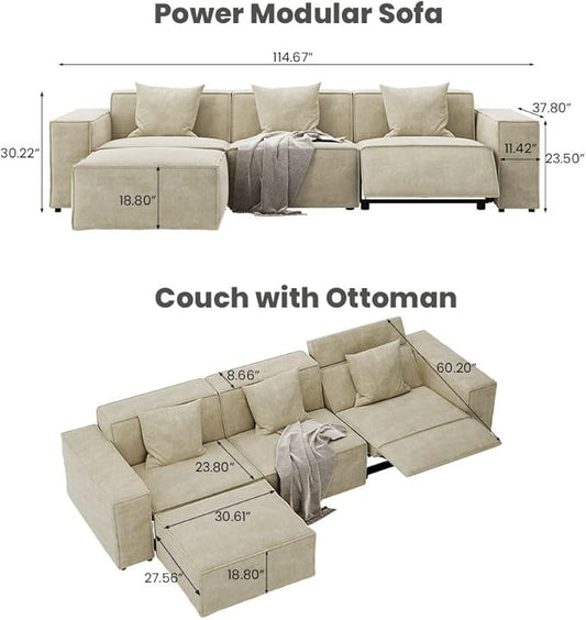 115" Power Sofa,Modular Sectional Couches for Living Room,Modern Large Sofa with Recliners,Comfy Velvet Cloud Couch with Deep Seat with 1 Ottoman,Pet Friendly,Free Combination for Home(Beige)
