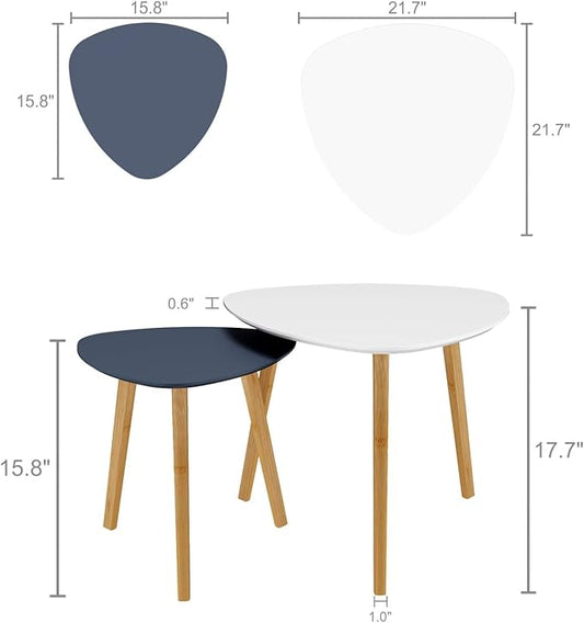 BAMEOS Bamboo Nesting Triangle End Table,Set of 2 SideTable Modern Minimalist Coffee Table for Living Room, Balcony in White & Grey
