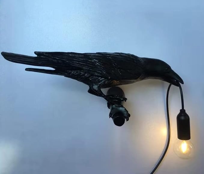 Crow Wall Lamp, Unique Gothic Raven Birds Wall Sconce Light for Bedside Bedroom Living Room Farmhouse Decor (Left Black Wall Lamp)