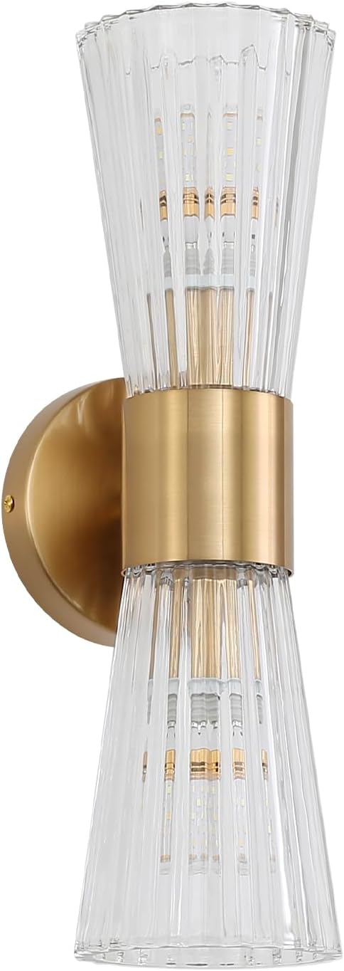 Mid-Century Modern Wall Lights with Crystal Glass Shade, 2-Light Glass Bathroom Vanitys Lights Gold Wall Sconces, Indoor Up Down Wall Mounted Lamps for Living Bedroom Hallway Hardwired