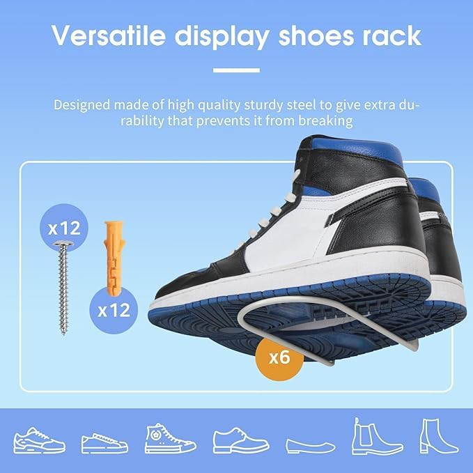 J JACKCUBE DESIGN White Metal Floating Shoe Display Shelves for Wall Mount, Set of 6 Sneaker Showcase Organizer Rack Display -MK1068B
