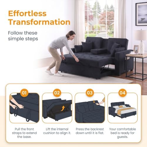 70" Queen Pull Out Sleeper Sofa with USB Port & Cup Holder, Gray
