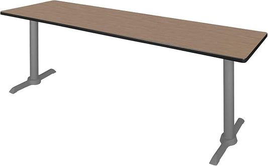 Regency Cain 84 x 24 in. Training Seminar Table – Durable T-Base Training Desk with Laminate Top, Scratch & Stain Resistant Surface, Rounded Corners (Noble Oak, Grey Base)