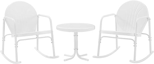 Crosley Furniture Griffith 3-Piece Outdoor Rocking Chair and Side Table Set, Retro Metal Bistro Patio Sets, White Gloss and White Satin