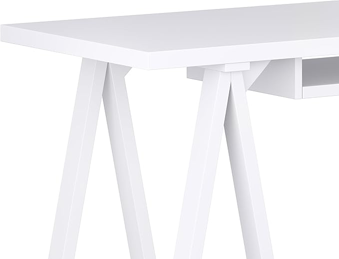 SIMPLIHOME Sawhorse Desk - 60 Inch Wide Solid Wood Writing Desk in White, Modern Industrial Home Office Computer Table for Workspace or Study with Sturdy Sawhorse Base and Integrated Keyboard Tray