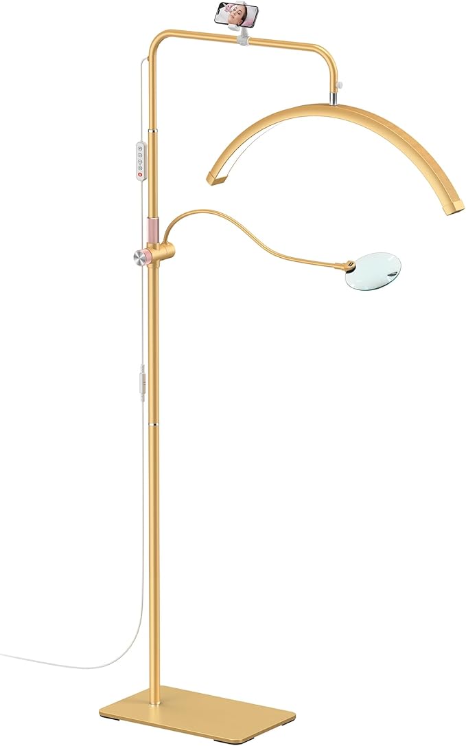 AURELLE Half Moon Lash Light - Adjustable LED Floor Lash Lamp with 4X Magnifier & Phone Holder for Eyelash Extensions,Nail Art,Tattoo,Skincare,Salon SPA-Dimmable Brightness,Rotating Head, Gold