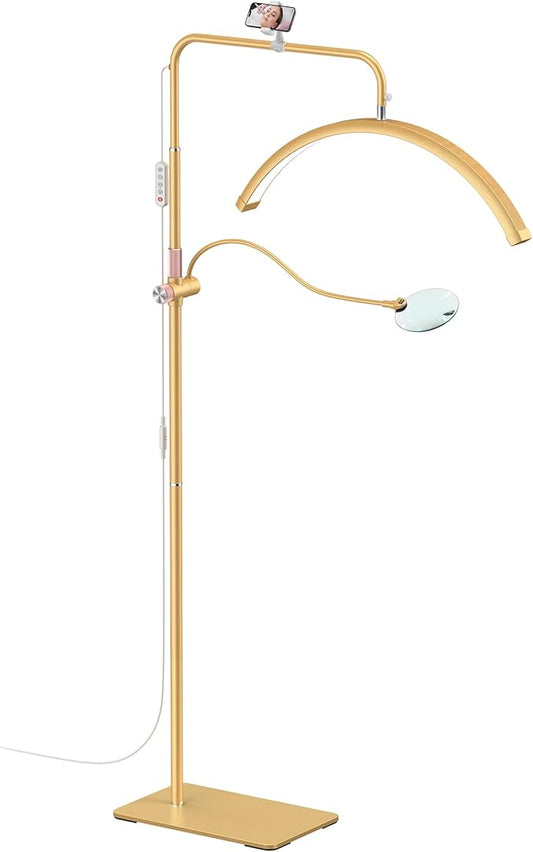 AURELLE Half Moon Lash Light - Adjustable LED Floor Lash Lamp with 4X Magnifier & Phone Holder for Eyelash Extensions,Nail Art,Tattoo,Skincare,Salon SPA-Dimmable Brightness,Rotating Head, Gold