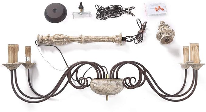LALUZ Farmhouse Chandelier, French Country Chandelier for Dining Room, White Distressed Wood, 37” L x 28” H