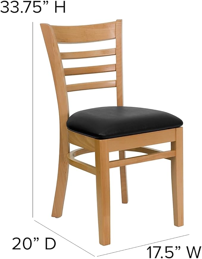 Flash Furniture HERCULES Series Ladder Back Natural Wood Restaurant Chair - Black Vinyl Seat