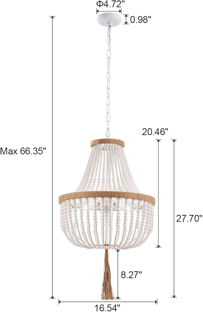 4 Lights Wood Beaded Farmhouse Chandelier with Tassels Bohemia Antique Rustic Pendant Light for Bedroom Kitchen Island Dining Living Room Foyer, White, Dia 17 Inch