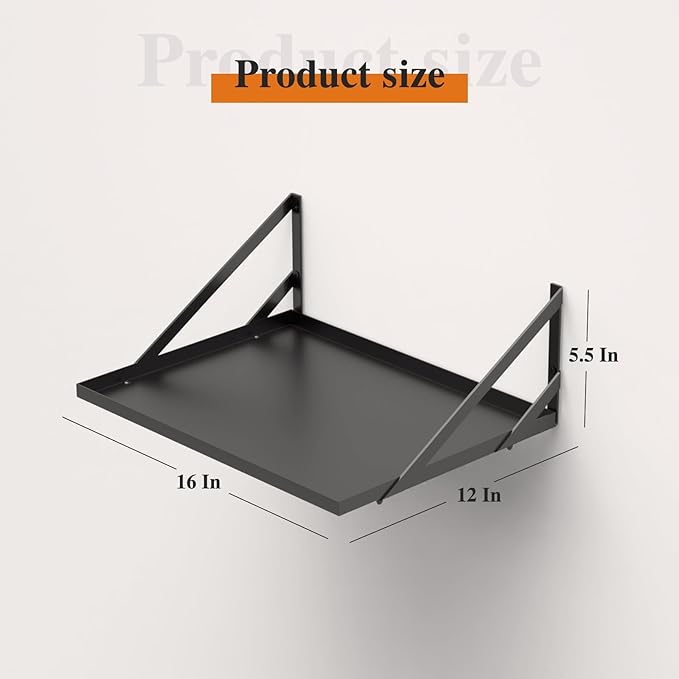 Black Deep Floating Shelves for Wall, 16W x 12D Metal Floating Shelves Set of 2, Wide Floating Bookshelves for Living Room, Kitchen, Office, Bedroom and Decor Storage