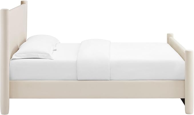 Modway Rael Full Platform Bed Frame with Upholstered Headboard and Footboard in Alabaster – Stain-Resistant Performance Velvet Full Size Bed with Rounded Posts