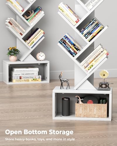 Evermagin 6 Tier Tree Bookshelf with Light, Bookcase, White