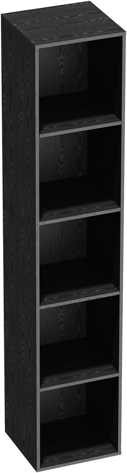 5 Tier Bookshelf, Open Tall Narrow Floor Standing Bookcase, Wooden Book Shelf Display Organizer for Home Office, Study (Black, 5 Cube)