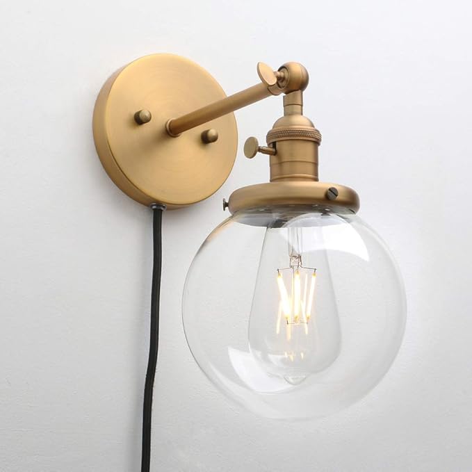 PERMO Plug in Sconce On/Off Switch Wall Sconce with 5.9" Round Globe Clear Glass Shade Vintage Industrial 1-Light Wall lamp Light Fixture (Antique Gold)