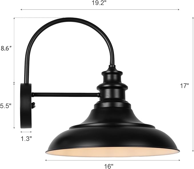 Dusk to Dawn Sensor Outdoor Barn Light Fixture, 16 Inch Dome Farmhouse Outdoor Wall Sconce, Rustic Exterior Wall Mount Light, Industrial Black White Wall Lantern for Porch, 1 Pack