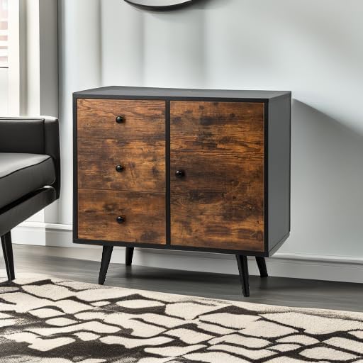 Tangkula Storage Cabinet with 3 Drawers and Door, Industrial Wood Accent Cabinet with Adjustable Shelf, Retro Farmhouse Sideboard Buffet for Kitchen Living Room (Industrial)