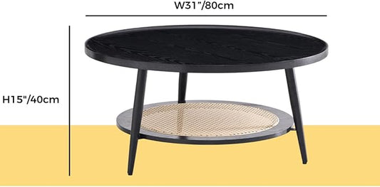 Saint Mossi Wood and Rattan Coffee Table for Living Room, Mid Century Modern Round Coffee Table, 2-Tier Boho Center Table for Small Space, Black Wood and Rattan Top, W31xH15
