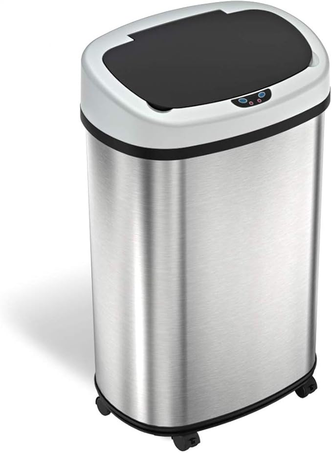 iTouchless 13 Gallon Sensor Trash Can on Wheels with Odor Filter, 50 Liter Automatic Kitchen Garbage Bin, Oval Fingerprint-Proof Stainless Steel, Hands-Free Motion Lid, Brushed Silver