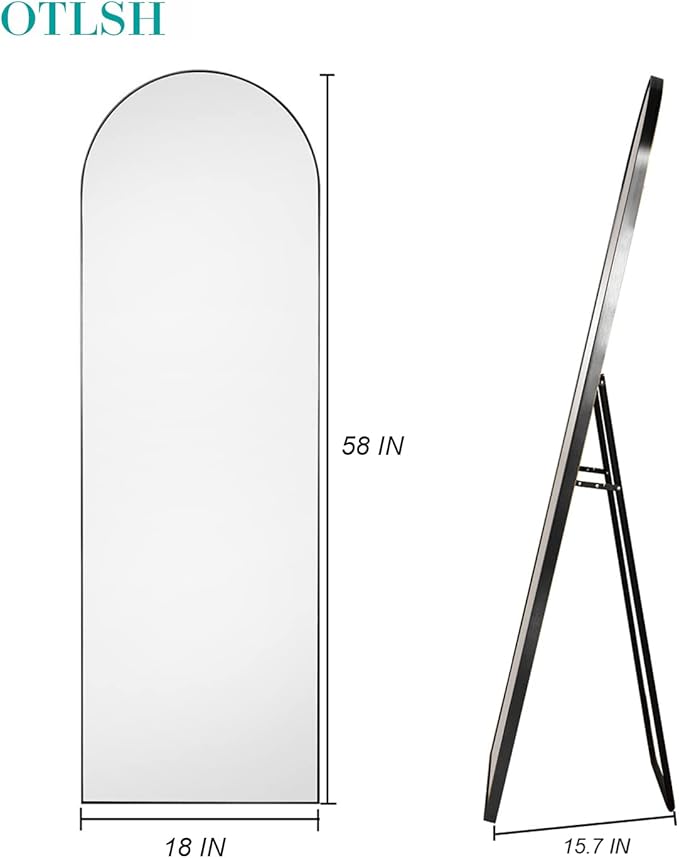 Arched Floor Mirror, 58"18" Full Length Mirror with Stand, Freestanding, Aluminum Frame - Black