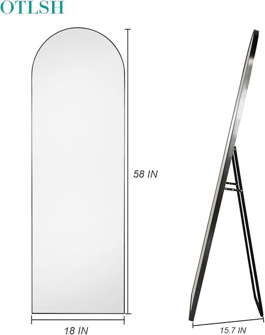 Arched Floor Mirror, 58"18" Full Length Mirror with Stand, Freestanding, Aluminum Frame - Black