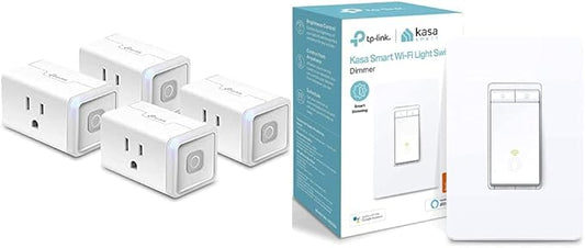Kasa Smart Plug by TP-Link, Smart Home WiFi Outlet 12 Amp, UL Certified, 4-Pack & Dimmer Switch by TP-Link, Single Pole, Needs Neutral Wire,WiFi Light Switch for LED Lights,UL Certified, 1-Pack