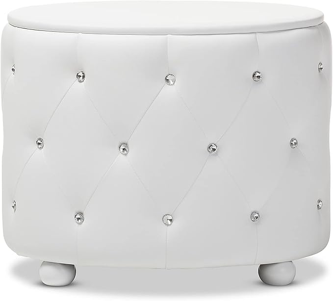Baxton Studio Davina Hollywood Glamour Style Oval 2-Drawer Faux Leather Upholstered Nightstand, Medium, White