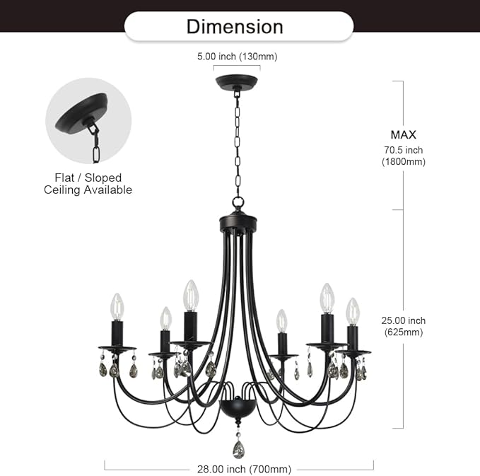 Black Chandeliers for Dining Room 6-Light Pendant Lights Modern Candle Chandelier with Brown Crystal Elegant Ceiling Lighting Fixtures Height Adjustable