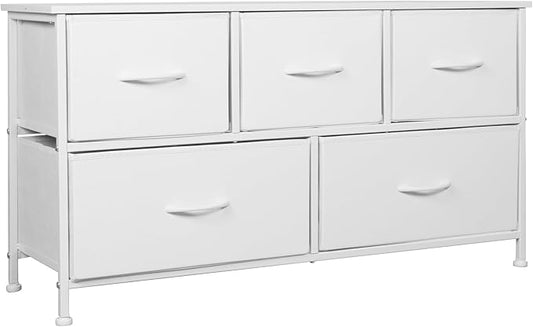 SHAWKEN Dresser for Bedroom with 5 Drawers,Fabric Dresser with One-Piece Steel Frame,Budget-Friendly Organizer for Closet, Hallway, Studio Apartment (Leather White)