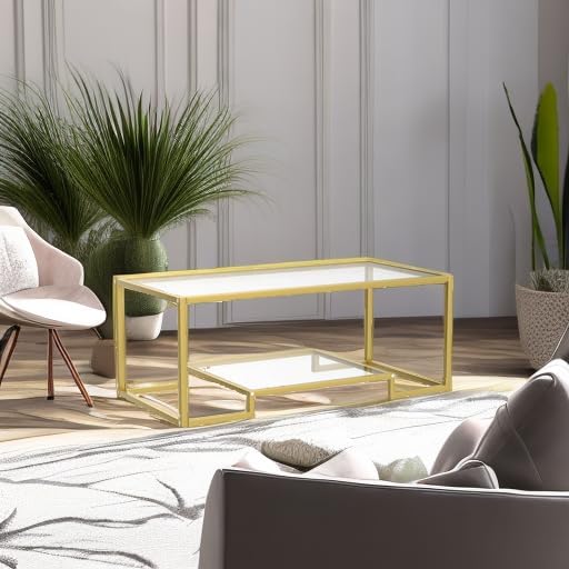 NAFORT Tempered Glass Coffee Table, 45 Inch Gold Rectangular Modern Center Table with Lower Storage Shelf