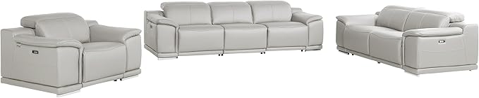 BlackJack Furniture Venice Top Grain Italian Leather 6 Power Recliner Seaters 3 Piece Sofa Set with Adjustable Headrests Modern Seating Sofa, Loveseat and Chair for Living Room Lounge, Light Grey