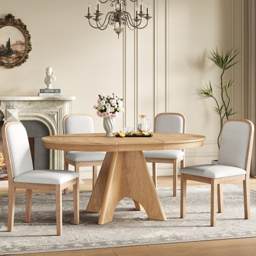 Bellemave 5-Piece Extendable Round Dining Table Set with 4 Upholstered Chairs, 42"-58" Round Kitchen Table Set for 4-6 with Removable Leaf and Crossed Legs for Kitchen, Dining Room (Natural Wood Wash)