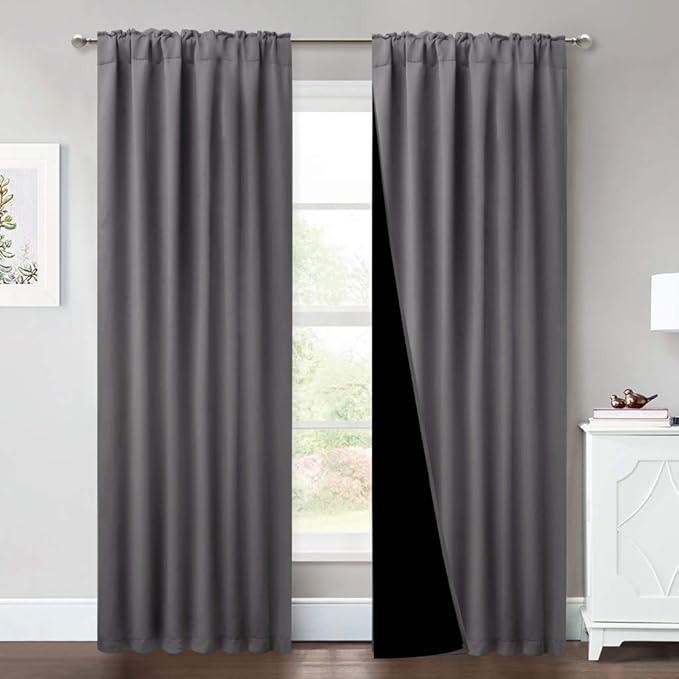 NICETOWN Total Shade Room Warming Curtains and Draperies, Heavy-Duty Full Light Shading Drapes with Black Liner Backing for Villa/Hall/Dorm Window（Gray, Package of 2, 52-inch Wide x 95-inch Long