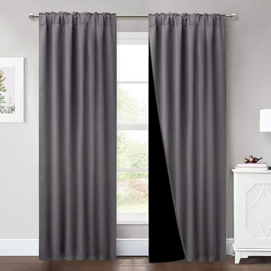 NICETOWN Total Shade Room Warming Curtains and Draperies, Heavy-Duty Full Light Shading Drapes with Black Liner Backing for Villa/Hall/Dorm Window（Gray, Package of 2, 52-inch Wide x 95-inch Long