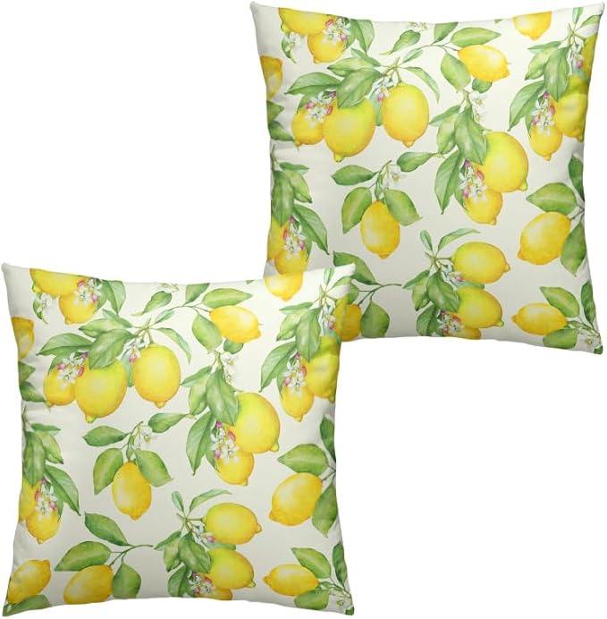 Yellow Lemon Throw Pillow Covers 16 X 16 Inch Watercolor Fruit Leaves Floral Decorative Cushion Case Farmhouse Spring Summer Outdoor Pillow Cases for Home Sofa Couch, 2 Pack
