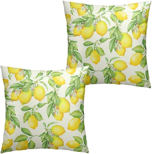Yellow Lemon Throw Pillow Covers 16 X 16 Inch Watercolor Fruit Leaves Floral Decorative Cushion Case Farmhouse Spring Summer Outdoor Pillow Cases for Home Sofa Couch, 2 Pack