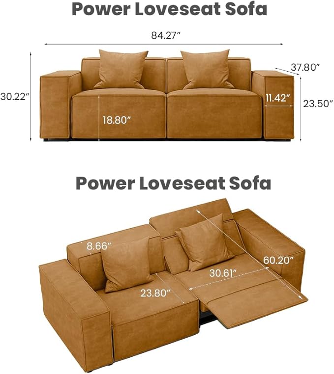 85" Power Sofa for Living Room, Electric Recliner Sofa with Performance Fabric, Seats with Pillows, Mid Century Modern Couch, Free Combination for Home, Orange