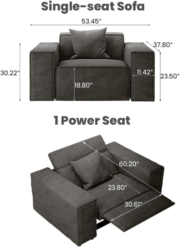 53" Power Reclining Chair, Modern Recliner Sofa for Living Room or Bedroom, Performance Fabric Seats with Pillows, Mid Century Modern Chair, Pet Friendly, Dark Grey